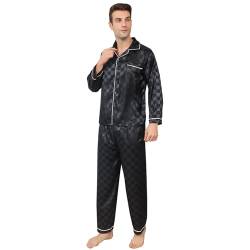 RuanMM Herren-Pyjama-Set aus seidigem Satin mit schwarzem Muster, Nachtwäsche mit Langen Ärmeln und Knöpfen (M, Schwarz07) von RuanMM