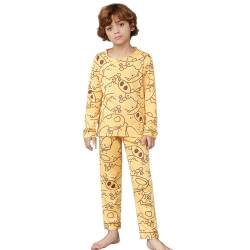 RuanMM Kinder-Pyjama für Jungen, langes Pyjama-Set mit baumwollähnlicher Textur, Nachtwäsche mit Rundhalsausschnitt für Jungen, Gelb-A 140 von RuanMM