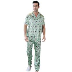 RuanMM Klassisches Herren-Pyjama-Set aus Seidensatin, kurzärmelige Nachtwäsche, Knopf-Loungewear mit Langen Hosen | Green Panda -L von RuanMM