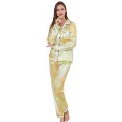 RuanMM Premium-Satin-Pyjama-Set für Damen | Seidiges Satin-Pyjama-Set, Lange Nachtwäsche, Button-Down-Pyjama-Sets, Nachtwäsche, Hellgrün-S von RuanMM