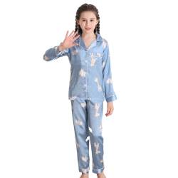 RuanMM Seidiges Satin-Pyjama-Set für Kinder | Nachtwäsche für Mädchen mit Animal-Print | Pyjama-Sets, Nachtwäsche für Mädchen | Blau-Giraffe-150 von RuanMM