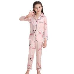 RuanMM Seidiges Satin-Pyjama-Set für Kinder | Nachtwäsche für Mädchen mit Animal-Print | Pyjama-Sets, Nachtwäsche für Mädchen | Rosa-Kranich-130 von RuanMM
