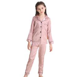 RuanMM Seidiges Satin-Pyjama-Set für Kinder | Nachtwäsche für Mädchen mit Animal-Print | Pyjama-Sets, Nachtwäsche für Mädchen | Rosa Liebe-140 von RuanMM