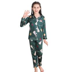 RuanMM Seidiges Satin-Pyjama-Set für Kinder | Nachtwäsche für Mädchen mit Animal-Print | Pyjama-Sets, Nachtwäsche für Mädchen | Weihnachtsgrün-140 von RuanMM