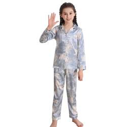 RuanMM Weiches Satin-Pyjama-Set für Mädchen | Kinder-Nachtwäsche | Pyjama-Sets für Mädchen | geschmeidige Nachtwäsche | Hellblau160 von RuanMM