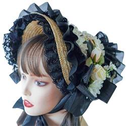 Ruarby Teas Party Sonnenhut Blumenstrohhut Lolit Strohhut viktorianische Haube Spitze Fascinator für Frauen viktorianischer Kopfschmuck viktorianischer Kopfschmuck, Schwarz von Ruarby