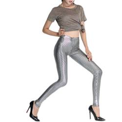 Rubberfashion Glanz Leggings - bis zur Taille - glänzende Leggins mit Streifen metallic matt für Damen und Mädchen Silber metallic M/EU Größe: S von Rubberfashion