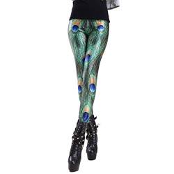 Rubberfashion Glanz Leggins Damen - Animal Print Leggings Muster Pfau Federn - metallic 80er Jahre für Frauen und Mädchen Pfau S/M von Rubberfashion