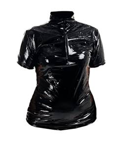 Rubberfashion Lack Hemd - Glanz Lack Kurzarm Tshirt - sexy Shirt für Damen und Herren Lack schwarz L von Rubberfashion