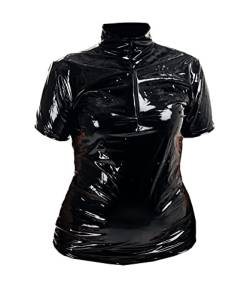 Rubberfashion Lack Hemd - Glanz Lack Kurzarm Tshirt - sexy Shirt für Damen und Herren Lack schwarz XL von Rubberfashion