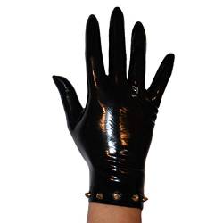 Rubberfashion Latex Handschuhe kurz - Rubber Gloves Nieten - kurze Latexhandschuhe bis Handgelenk für Damen und Herren Schwarz 0.4mm L/Handschuhgröße: 9 von Rubberfashion