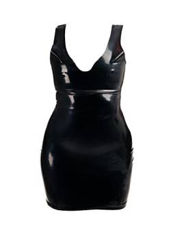 Rubberfashion Latex Mini Kleid - Latexkleid kurz - Arm frei mit Trägern und V-Ausschnitt - sexy Frauen Kleider für Damen schwarz 0.4mm L von Rubberfashion