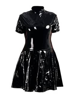 Rubberfashion Sexy Kleid Lack Damen - Skater Outfit - Frauen Minikleid Kurzarm - Slip mit Reissverschluss - Maid Dress Woman Lack schwarz M von Rubberfashion