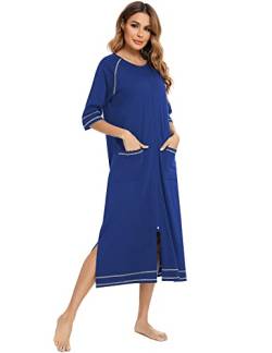 Damen Casual Duster Robe Zip Front Nachthemd Loose Fit Halbarm Hausmantel Loungewear mit Taschen Blau L von Rubehoow