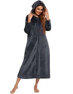 Damen-Fleece-Reißverschluss-Hoodie-Bademantel mit Taschen – Plus Size Plush Long Robe (XL, Dunkelgrau) von Rubehoow