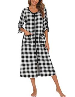 Rubehoow Bademantel mit Reißverschluss für Damen Kariertes Nachthemd Langes Reißverschluss-Duster-Hauskleid (schwarz kariert, XL) von Rubehoow
