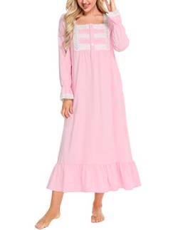 Rubehoow Baumwoll-Nachthemd für Damen Langärmelig Viktorianisches Pyjama-Kleid Langes Damen-Schlafkleid mit Knopf (XL, Rosa) von Rubehoow