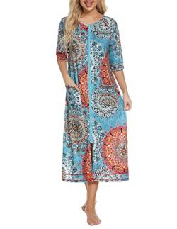 Rubehoow Damen-Bademäntel mit Reißverschluss, halbärmelige Robe, in voller Länge, leichte Hausmäntel mit Taschen (Mandala, L) von Rubehoow