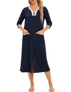 Rubehoow Damen Bademantel Halbarm Hauskleid Reißverschluss Vorne Lounge Robe mit Taschen (Marineblau,L) von Rubehoow