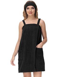 Rubehoow Damen Bademantel Schlauch Handtuch Kleid mit Trägern Stirnband Spa Body Wrap (XL, Schwarz) von Rubehoow