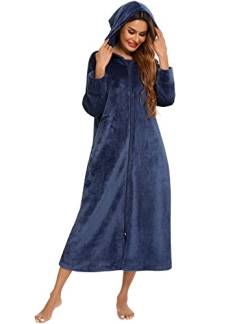 Rubehoow Damen Flanell Morgenmantel superwarmer Plüsch Fleece Bademantel mit Kapuze mit Taschen (M, Navy) von Rubehoow