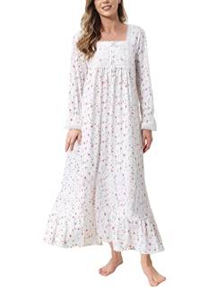 Rubehoow Damen Nachthemd Vintage Langarm Knopfleiste vorne Nachtkleid Weiche Baumwolle Viktorianischer Stil Pyjamakleid mit Taschen, vintage rosenmuster, 36 von Rubehoow