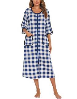 Rubehoow Damen Sommer Robe Halbarm Nachthemd Baumwolle Strick Reißverschluss Maxi Loungewear mit Taschen (Blau Kariert,2XL) von Rubehoow