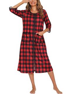 Rubehoow Damen Sommer Robe Halbarm Nachthemd Baumwolle Strick Reißverschluss Maxi Loungewear mit Taschen (Rot Kariert,2XL) von Rubehoow