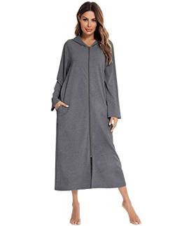 Rubehoow Damen weicher Reißverschluss-Bademantel mit Kapuze Langarm-Baumwollmantel Pj Loungewear 2 Taschen Dunkelgrau L von Rubehoow