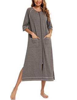 Rubehoow Duster-Roben für Damen, Reißverschluss, Hausmantel mit Taschen, lässiger Lounger-Bademantel, Übergröße (Grau, 2XL) von Rubehoow