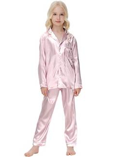 Rubehoow Kinder Satin Pyjama Holiday Homewear Satin Seide 2-teiliges Pyjama-Set mit Knöpfen (Champagne, 10y 11y) von Rubehoow