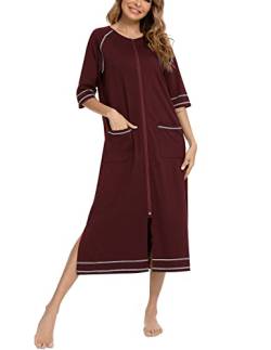 Rubehoow Nachthemd mit Reißverschluss für Damen, Übergröße, Halbarm-Nachthemd, weiche Baumwolle, langes Nachthemd mit Taschen, 3XL von Rubehoow