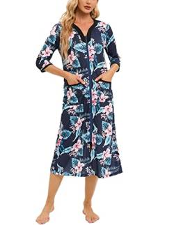 Rubehoow Robe Damen Reißverschluss Halbarm Bademantel Lange Länge Weiche Baumwolle Schlafkleid mit Taschen, Blaues Blatt, 48 von Rubehoow