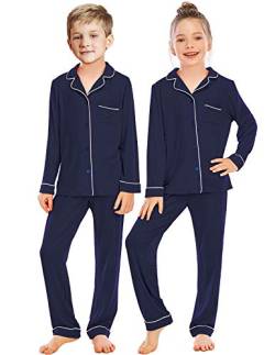 Rubehoow Unisex-Loungewear für Jungen und Mädchen – 100% weiche Baumwolle, 2-teiliger Schlafanzug, geknöpft, Marineblau, 14–15 Jahre von Rubehoow