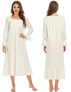 Rubehoow Viktorianisches Nachthemd aus 100% Baumwolle für Damen, Knopfleiste, Damen-Pyjama, Vintage-Vollweiß-Nachtkleider (Weiß, XL) von Rubehoow