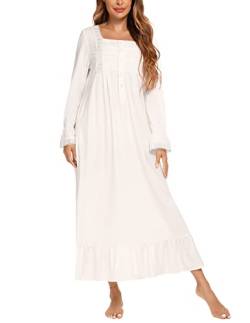Rubehoow Viktorianisches Nachthemd für Damen Weiche Baumwolle Langärmlig Pyjama-Kleid Lange Damen-Vintage-Nachtwäsche mit Taschen (Weiß, 3XL) von Rubehoow