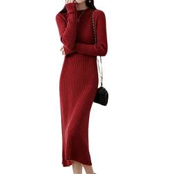 Damen Kaschmir Strick Lang Sweatshirt Kleid A-Linie Kleid Rippenmantel, rot, M von Ruereuu