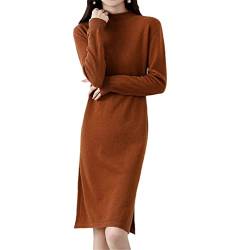 Ruereuu Damen Kaschmir Strickkleid Saum Schlitz Kleid Roll Saum Hoher Ausschnitt Lang, caramel, L von Ruereuu