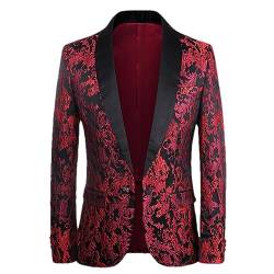 Ruereuu Herren-Blazer, Rotes Blumenmuster, Hochzeit, Nachtclub, Bühne, Party, Jacquard-Jacke Mit V-Ausschnitt Red Asian Size M von Ruereuu