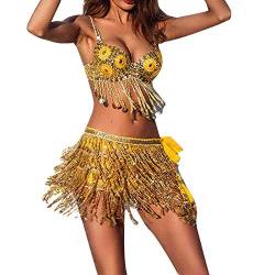 Damen Rock Pailletten Quasten Rock Rave Rock Fransen Rock Bauchtanz Kostüm Bauchtanz Hüftschal Rave Outfit Mini Rock für Damen und Mädchen (Gold, One Size) von RuiGuio