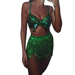 Damen Rock Pailletten Quasten Rock Rave Rock Fransen Rock Bauchtanz Kostüm Bauchtanz Hüftschal Rave Outfit Mini Rock für Damen und Mädchen (Green, One Size) von RuiGuio