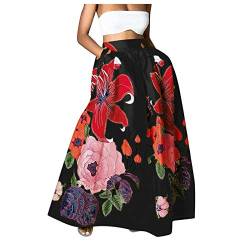 Maxirock Damen Blumen High Waist Party Lang Rock mit Tasche Blumenmuster Swing Strandrock Festlich Rock Hochzeit Cocktail Langrock (Schwarz, M) von RuiGuio