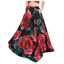 Maxirock Damen Blumen High Waist Party Lang Rock mit Tasche Blumenmuster Swing Strandrock Festlich Rock Hochzeit Cocktail Langrock (Schwarz#3, XL) von RuiGuio