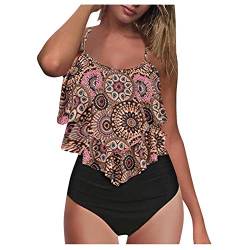 RuiGuio Tankini High Waist Damen Zweiteiliger Bikini Set Badeanzug Rüschen Bedruckt Bademode mit Hoher Taille Bikinihose Tankini High Waist Bauchweg Bademode Zweiteiliger Badeanzug (Braun, L) von RuiGuio