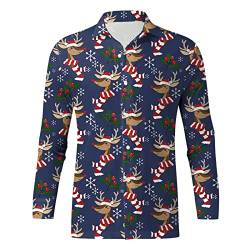 Weihnachtshemd Herren Lustig 3D Druck Hemden Langärm Freizeithemd mit Weihnachtsmotiv Langärm Slim Fit Christmas Shirt Hawaiihemd Stehkragen Christmas Shirt Slim Fit Langarmhemd Langarmshirt (Navy, S) von RuiGuio