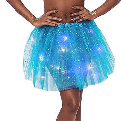 Ruiuzioong Damen Tüllrock Klassisch Tutu Faltenrock Sterne Pailletten Prinzessin Rock Mit LED Kleine Birne,für Dress Up Party Ballett Tanzen (Blau) von Ruiuzioong