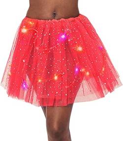 Ruiuzioong Damen Tüllrock Klassisch Tutu Faltenrock Sterne Pailletten Prinzessin Rock Mit LED Kleine Birne,für Dress Up Party Ballett Tanzen (Rot) von Ruiuzioong