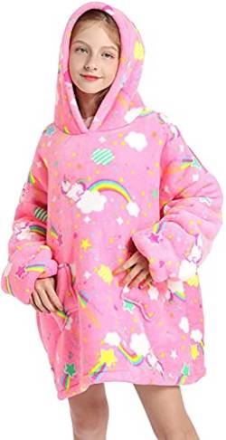 Ruiuzioong Kinder Übergroße Kapuzenpullover,Pullover Sweatshirt Mit Kapuze,Flanell Hoodie Decke mit Ärmel und Tasche für Jungen Mädchen (Regenbogen-Einhorn) von Ruiuzioong