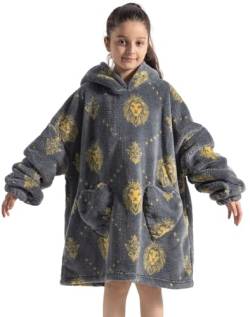 Ruiuzioong Kinder Übergroße Kapuzenpullover,Super Weich Warmes Bequeme Tragbare Decken Sweatshirt für Mädchen Jungen Teenager (Grauer Löwe, 7-13 Jahre) von Ruiuzioong