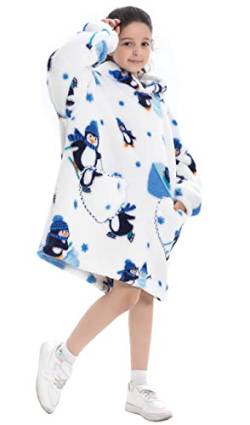 Ruiuzioong Kinder Übergroße Kapuzenpullover,Super Weich Warmes Bequeme Tragbare Decken Sweatshirt für Mädchen Jungen Teenager (Pinguin, 7-13 Jahre) von Ruiuzioong